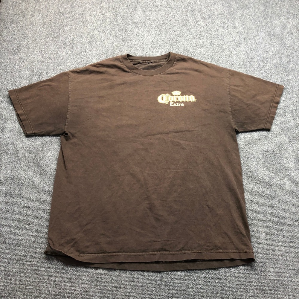 Corona Extra Mens Graphic T-Shirt Brown Short Sleeve Beer Promo Large Back Print